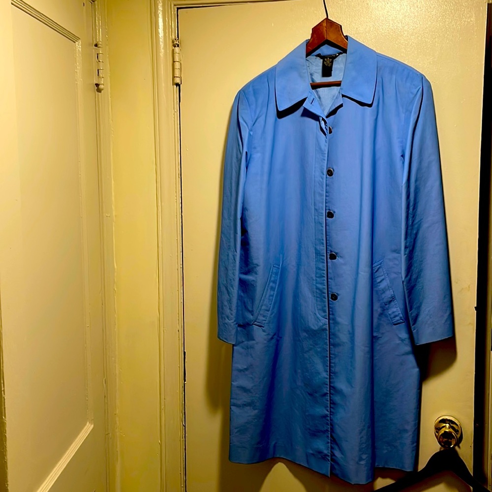 Long blue rain coat size large side pocket button down will make a stAtement